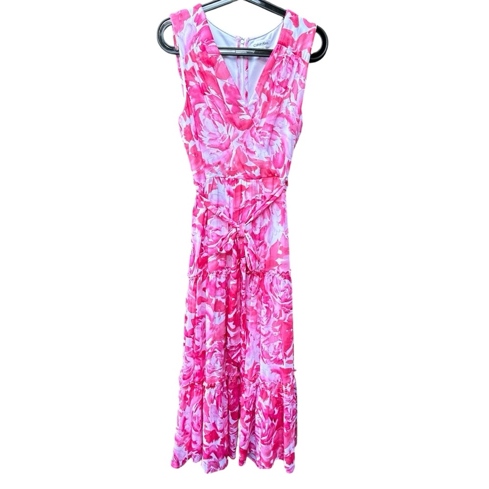 Calvin Klein Pink Floral Tiered Maxi Ruffle Dress w/belt Size 12